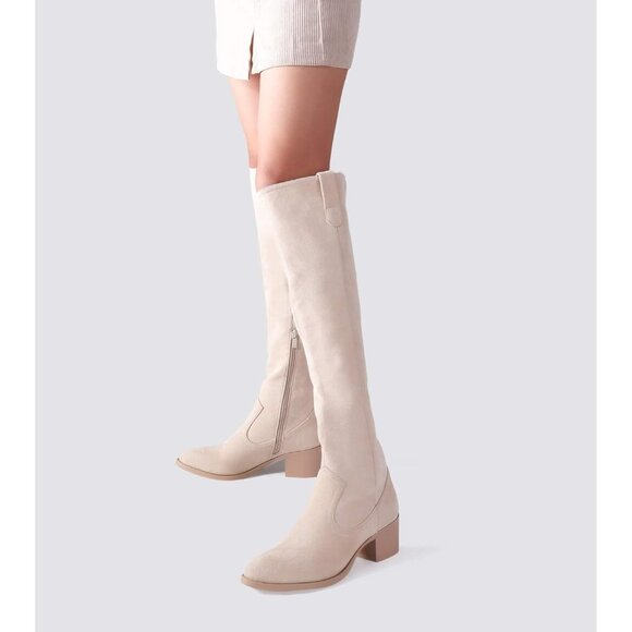🆕Women's Beige Faux Suede Over The Knee Thigh High Chunky Heel Pointed Toe Boot - Picture 10 of 13